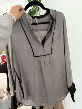 Light Gray Pinstripe V-Neck Women's Blouse with Black Trim free people